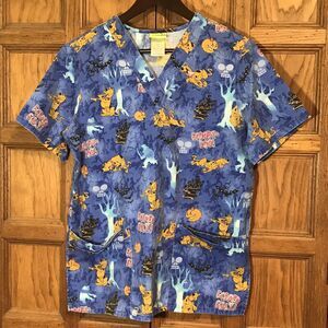 Scooby Doo Scared Silly Scrub Top Women’s S Blue Short Sleeve V-Neck 4 Pockets